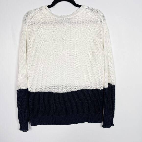 Vince Womens XSmall XS Cream Navy Blue Open Knit Colorblock Sweater Crew Neck - Picture 2 of 8